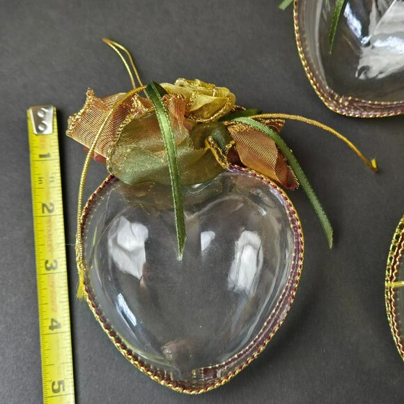 Set Of 3 Clear Heart Christmas Ornaments w Ribbon Roses Gold Green Burgundy Trim - Picture 5 of 7